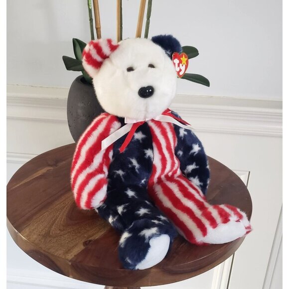 1999 Ty Large 14" Beanie Buddy Spangle Patriotic American Flag Stripes Bear - Picture 1 of 10